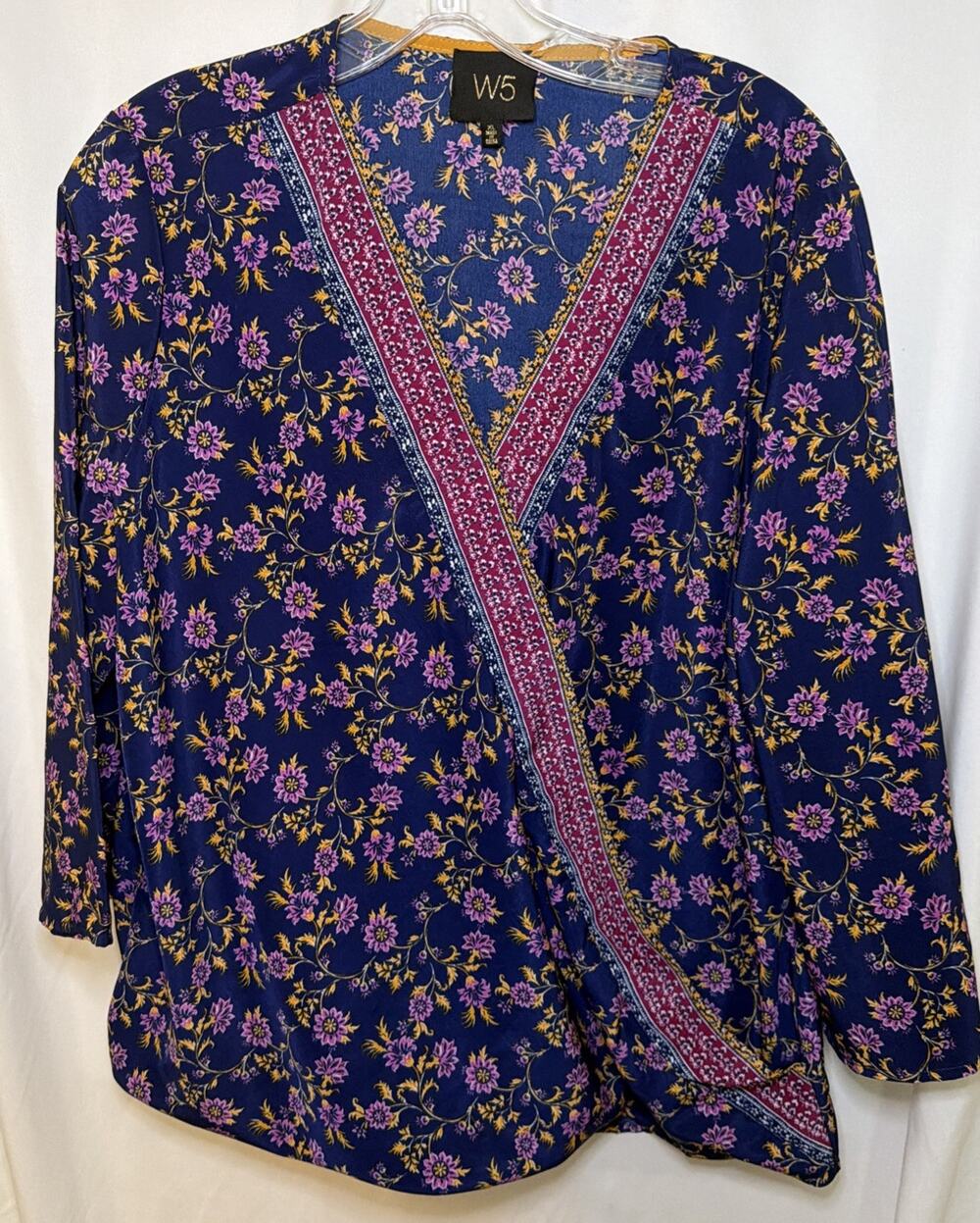 W5 Womens XL Purple Blue V Neck 3/4 Sleeve Floral Faux Wrap Top